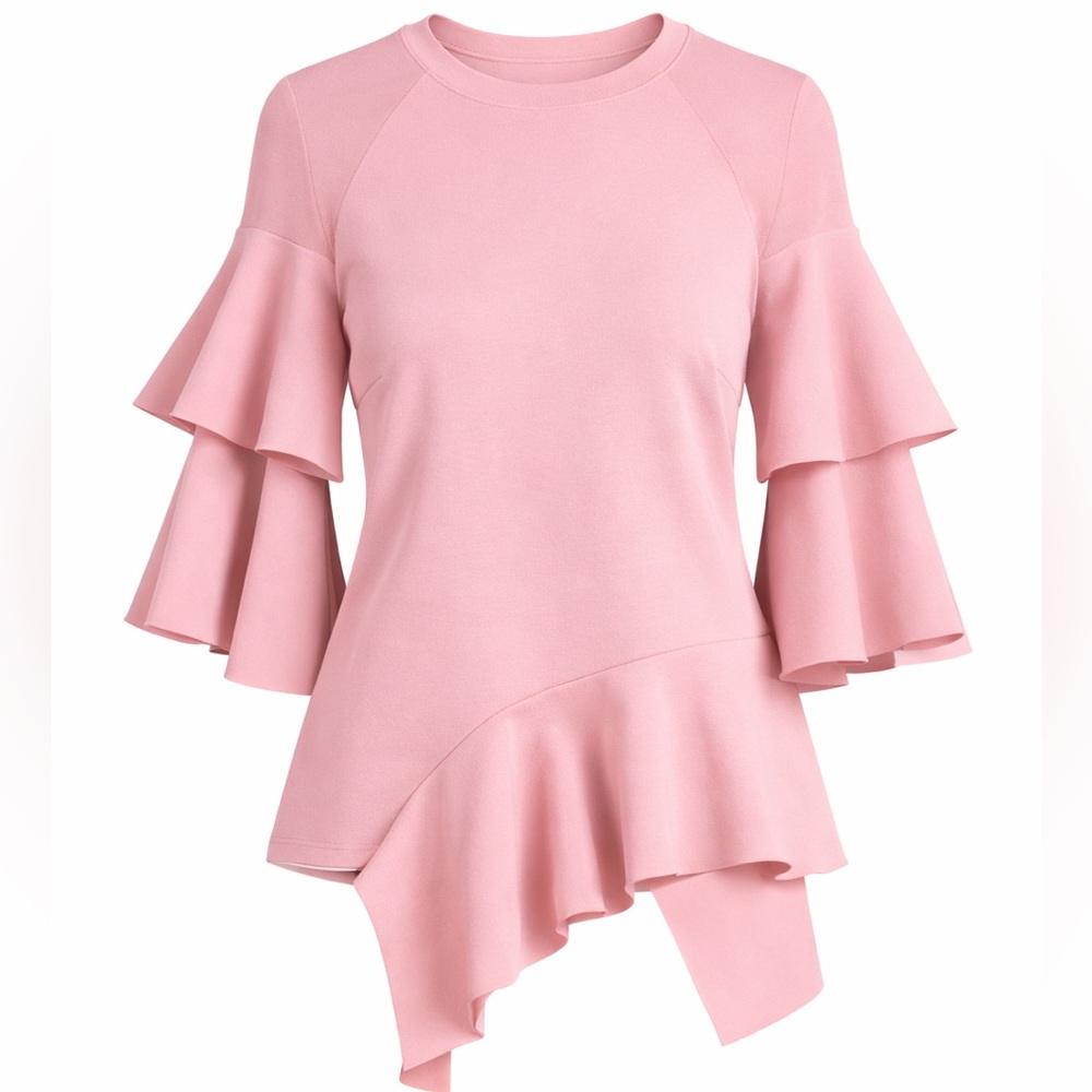 Gracia | Blush Pink Mesh Ruffle Asymmetrical Hem Top | L